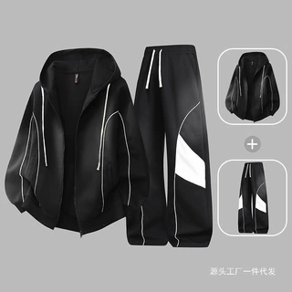春秋款青少年潮牌连帽开衫卫衣外套卫裤男士宽松休闲运动服男套装