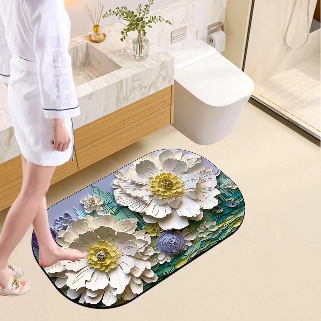 Alfombra absorbente para baño con diseño de flores pintadas al óleo, alfombra suave de barro de diatomeas, alfombra para entrada de baño, alfombra antideslizante para puerta de baño