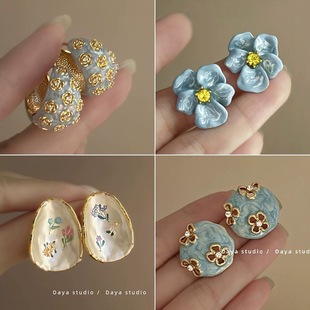 Relief haze blue French retro drop glaze rose flower zircon earrings for women light luxury high-end niche temperament