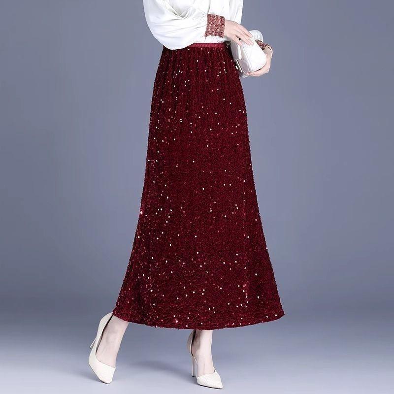 Plus Size Women's Clothing for Fat Girls in Autum New Style Slightly Fat Hip-Covering Slimming Look Long Shiny Sequin Straight Skirt for Women