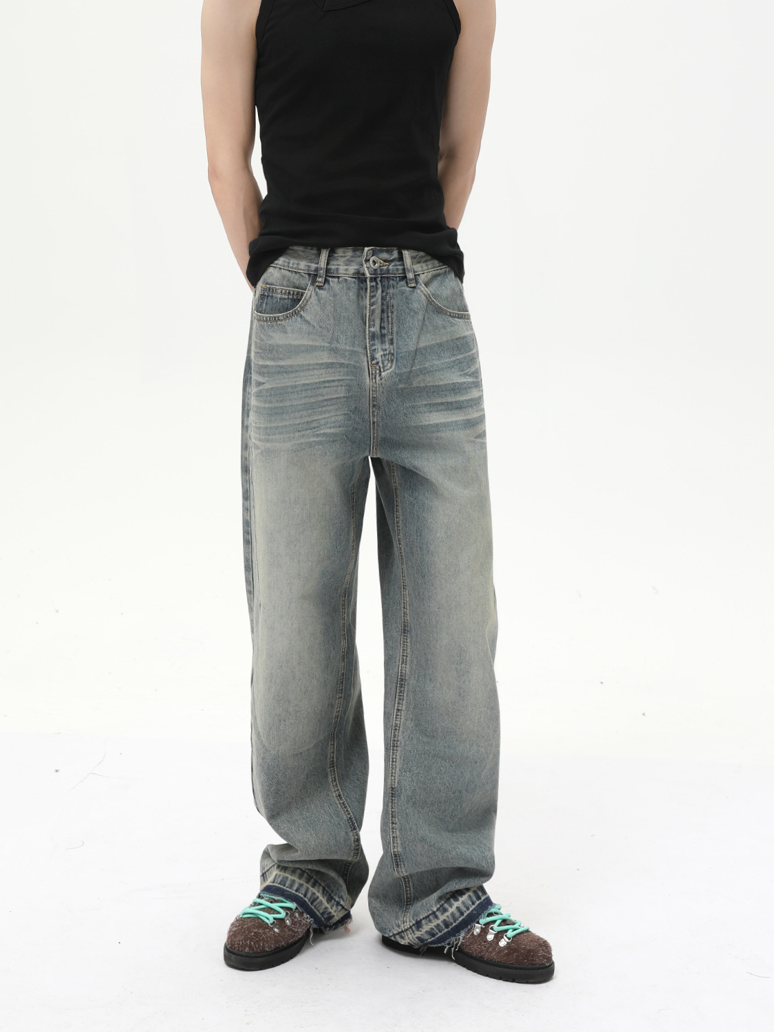 MTLCLOTHES para hombre | Vaqueros sueltos rectos casuales de todo fósforo de la calle alta