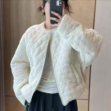 韩系短款棉服金丝绒棉衣外套女2025新款冬季小个子菱形格棉袄上衣