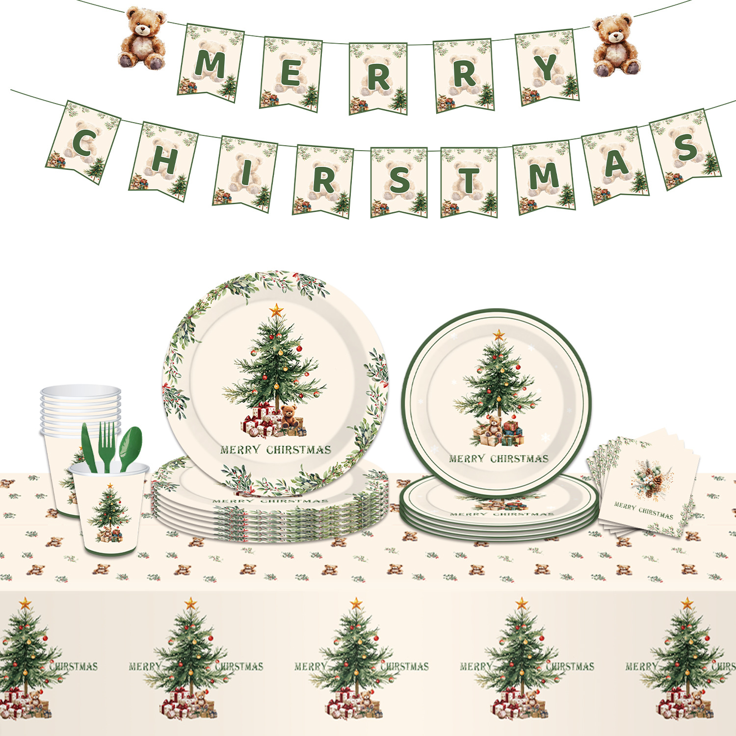 Cross-Border New Christmas Tree Theme Party Decoration Supplies Disposable Paper Plates, Paper Cups, Paper Towels and Tablecloth Sets