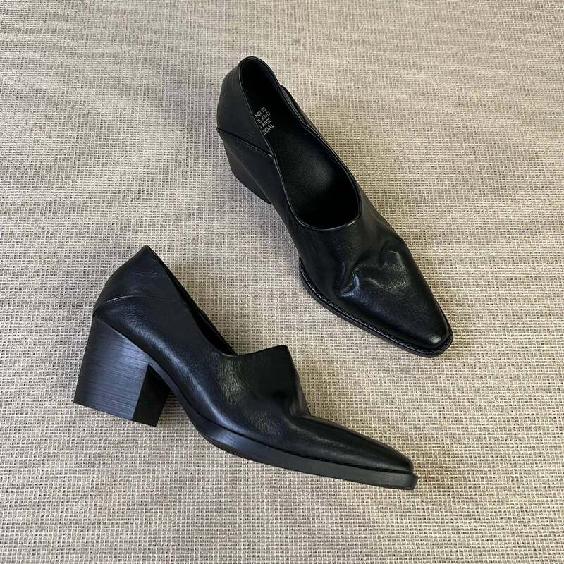 Cowhide version~Handmade in stock 6cm Silent chunky heel soft sole deep cut small square toe single shoe with vintage style and fashionable charm Cowhide version~Handmade in stock 6cm Silent chunky heel soft sole deep cut small square toe single shoe with vintage style and fashionable charm
