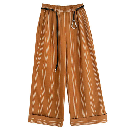 Women's Summer New Casual Loose Trousers with Belt, Relaxed Wide Leg, 1899, in Linen and Hemp Fabric with Stripe and Stretch Waist