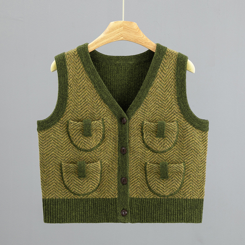 Japanese-Style 45 Trendy Artistic Retro Tweed Multi-Pocket Design 908 Series Knitted Layered Vest for Women