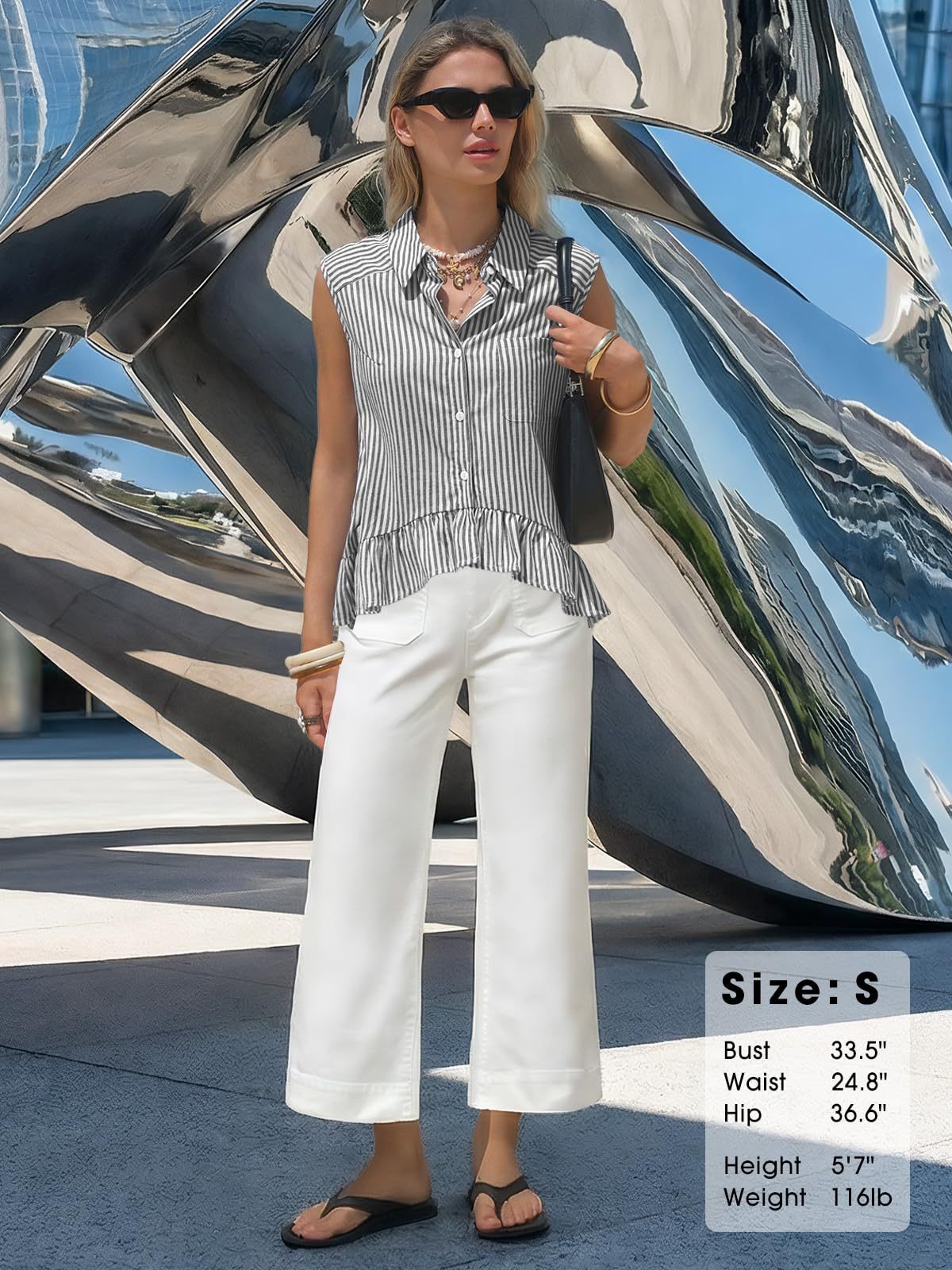 Women's Sleeveless Striped Shirt Casual Button-Up Top Summer Style American Clothing Polyester Blouse_ecoleips.com