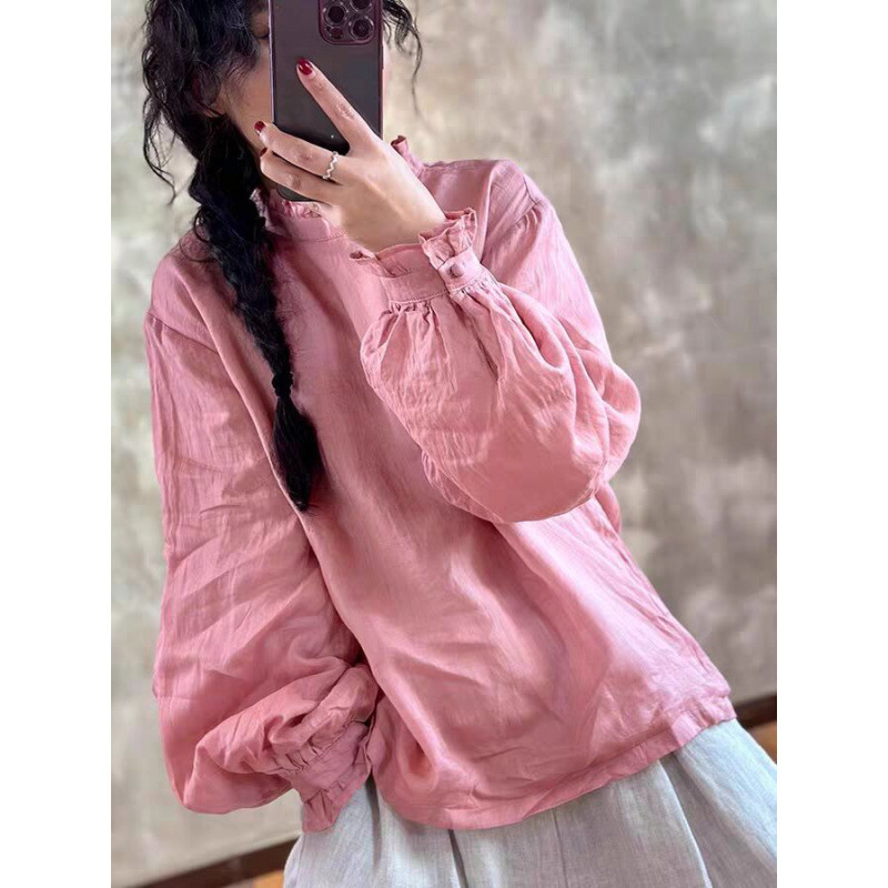 2025 Autumn Elegant and Chic Literary Style Lively Lace Collar Ramie Shirt for Women