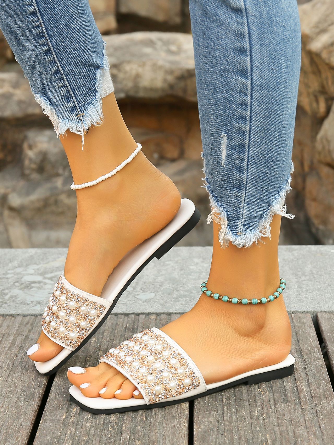 Women's Casual Vacation Solid Color Rhinestone Pearls Square Toe Slides Slippers display picture 20
