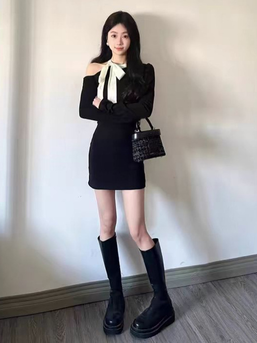 赫本小香风露肩蝴蝶结针织小黑裙子女秋季轻奢高级感晚礼服连衣裙|undefined
