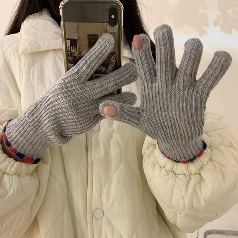 新款加绒加厚保暖雪人刺绣可触屏手套中大童女士冬季针织防寒手套|undefined