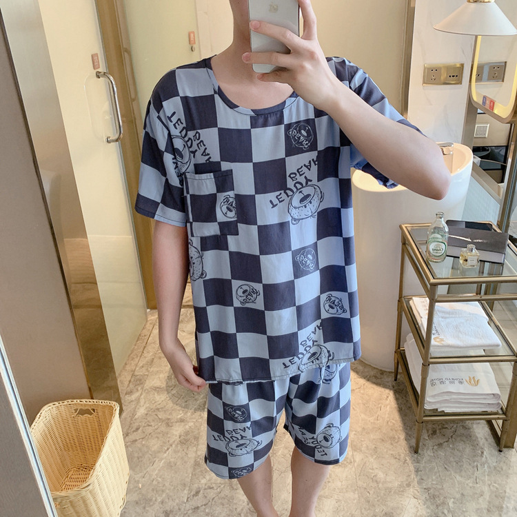 Summer Youth Men's Round-Neck Pajama Set, Short-Sleeved Shorts, Loose and Thin Style, Home Wear for Teenagers and Junior High School Students