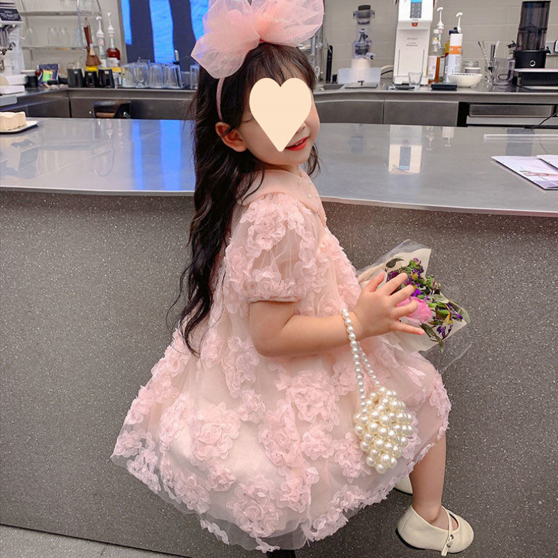 Girls Summer Short-Sleeved Dress 2025 New Style Small and Medium-Sized Children's Puff Sleeve Children's Fashionable and Sweet Princess Dress Summer