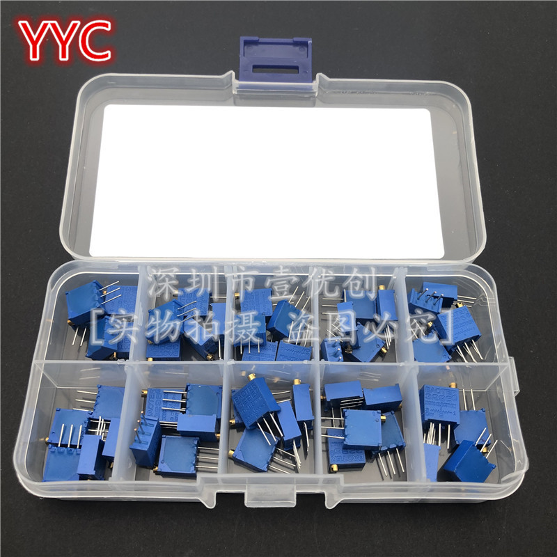 Cross-Border Version 3296W Precision Multi-Turn Adjustable Resistor Potentiometer, 10 Different Values, 500 Ohm - 1m, 5 Sets of Each Type