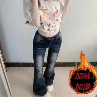 加绒加厚美式深蓝色微喇牛仔裤女秋季弹力修身显瘦喇叭裤潮ins