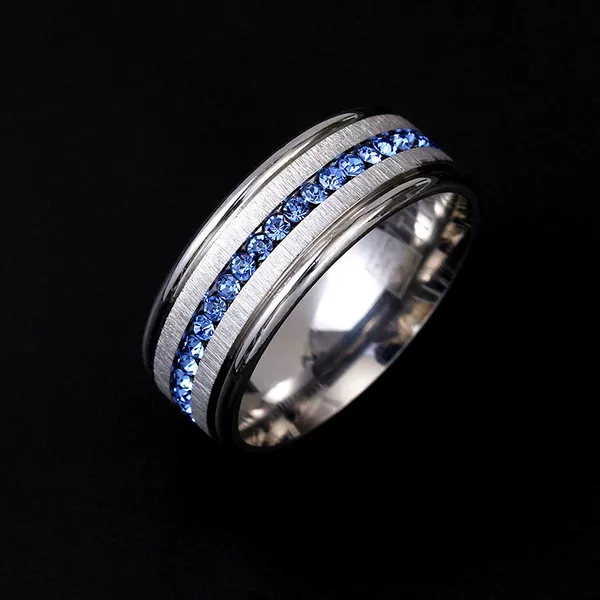 Cross-Border European and American Simple Shengxi Ring-Set Blue Diamond Stainless Steel Ring 8mm Double-Step Steel Color Slotted Ring-Set Blue Diamond