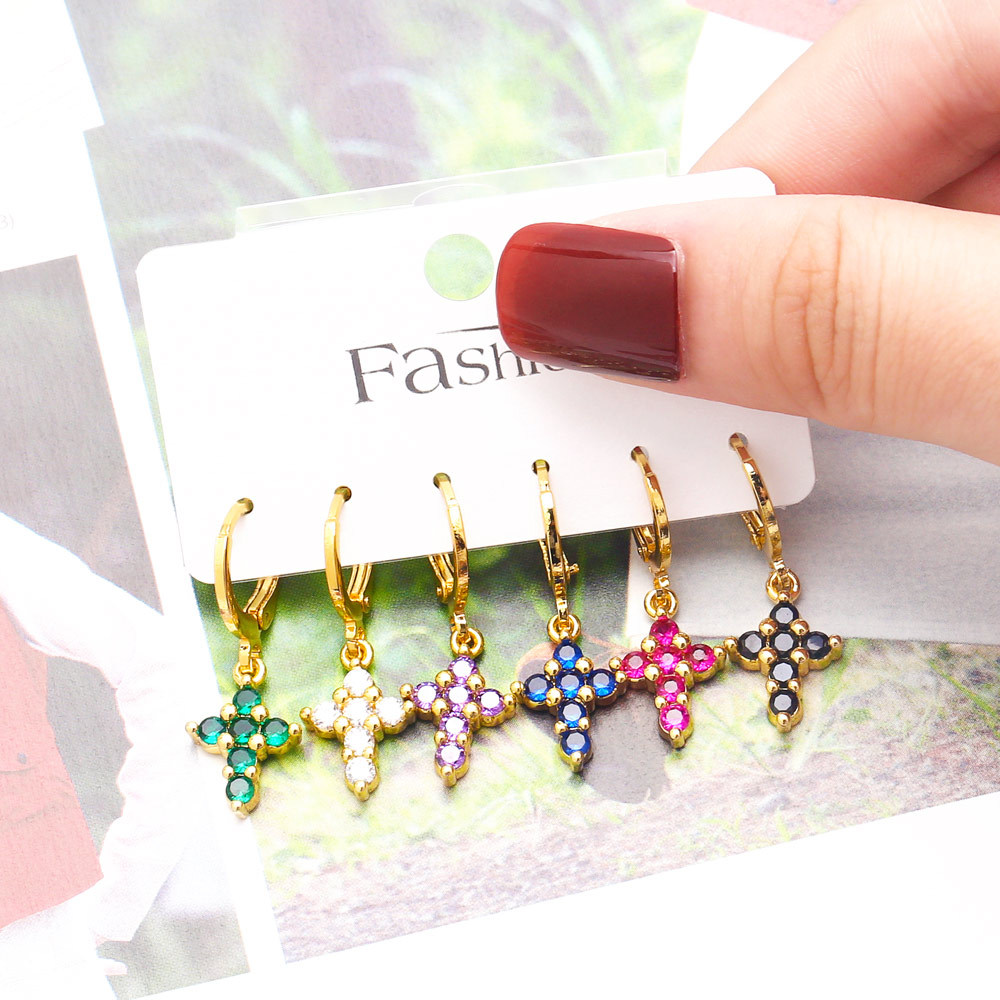 Fashion Cross Copper Drop Earrings Inlay Zircon Copper Earrings 6 Pieces