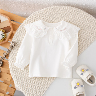 Infant Children's T-shirt Spring and Autumn New Arrival Embroidered Llace Collar Base Shirt Top White Joker