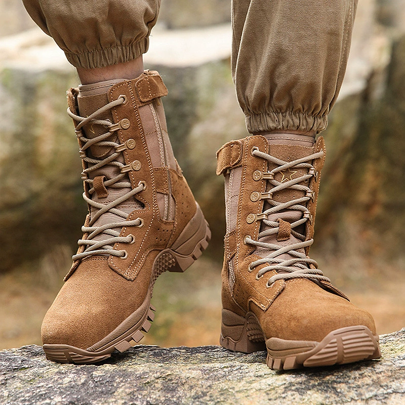 Новые коричневые армейские ботинки для мужчин, сверхлегкие высокие износостойкие тренировочные туфли из натуральной кожи с боковой молнией, специальная обувь для оценки.