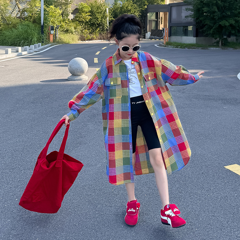 CS170 Korean Style Autumn/Winter New Children's Clothing Girls' Shirt Parent-Child Outfit Plaid Long Sleeve Long Skirt Turn-Down Collar