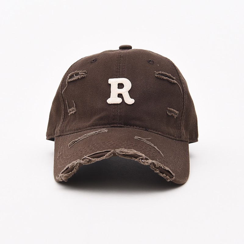 Casquette de baseball lettre R pour hommes et femmes, usée avec des trous, des avant-toits incurvés, des casquettes à bec de canard pour le printemps et l'été, pare-soleil, petite_voghion.com