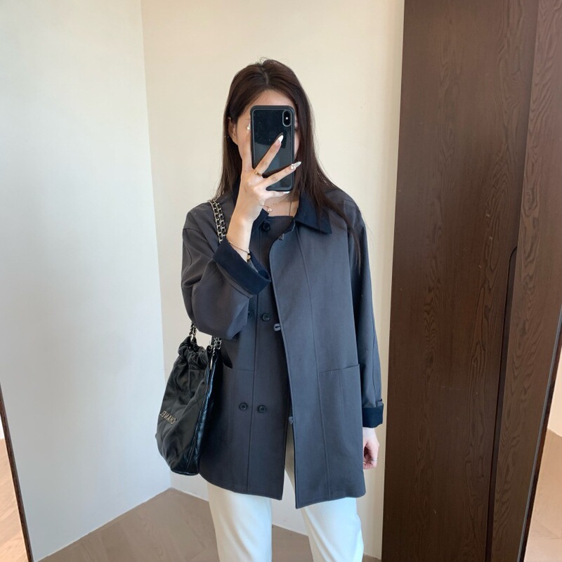 客供面料立裁挺括有筋骨撞色单排扣翻领落肩袖日系工装休闲风衣女|undefined