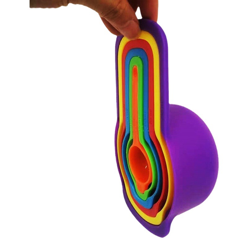 Juego de 6 cucharas y tazas medidoras con marcas de escala para café, té con leche y repostería, tazas y cucharas medidoras de plástico de suministro directo.