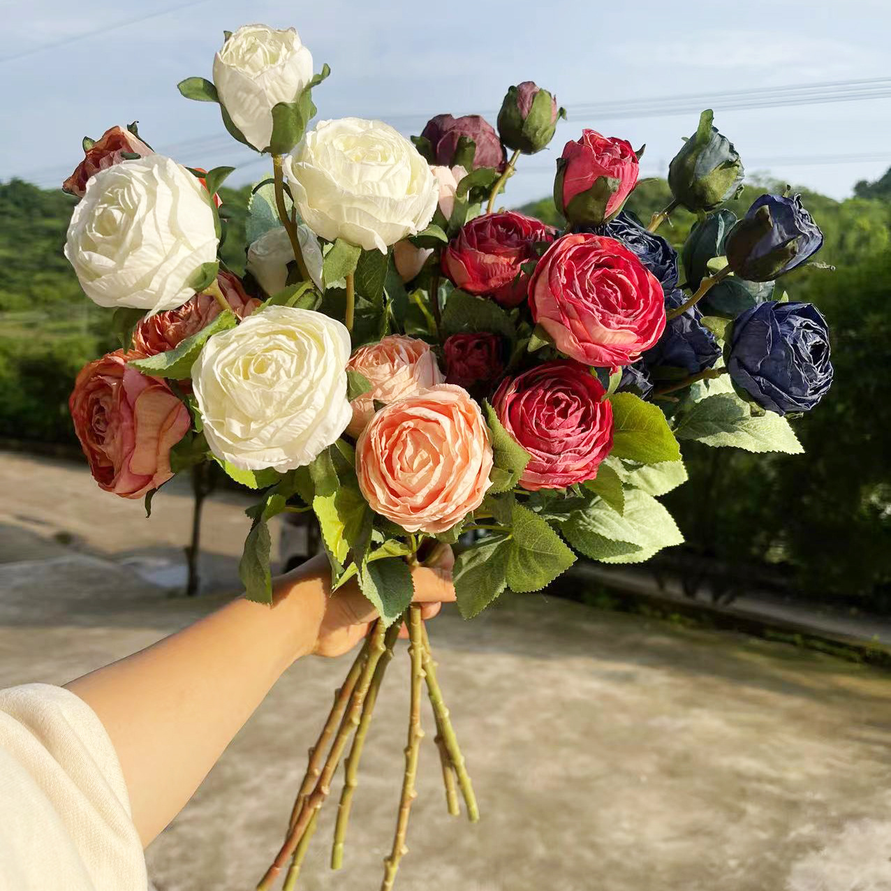 百花邦仿真焦边玫瑰 单只奶油玫瑰花束 七夕国庆节派对聚会仿真花