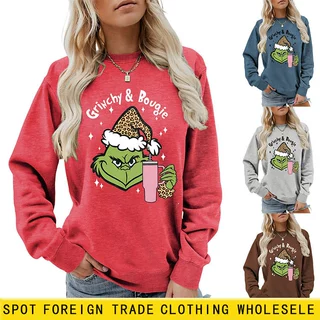 独立站跨境外贸grinchy bougie豹纹圣诞帽时尚新款圆领卫衣女现货