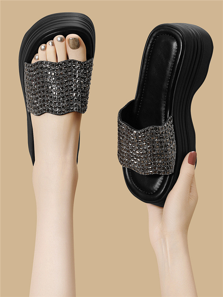 Sandal nữ đế dày đính đá lấp lánh phong cách thời trang — 6075 Màu be, 6075 Da đen chi tiết 12