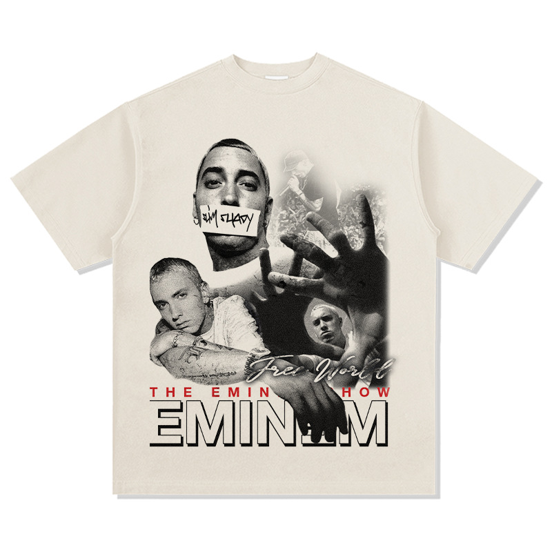 エミネムeminemプリントアメリカンヒップホップストリート長袖半袖レトロ水洗いオールドファッションtシャツ