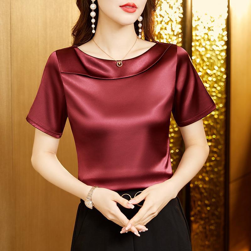 Acetic Acid Satin T-shirt Women's Short-sleeved 2023 Spring and Summer New Loose Large Size Black Base Shirt High-grade Sense Top