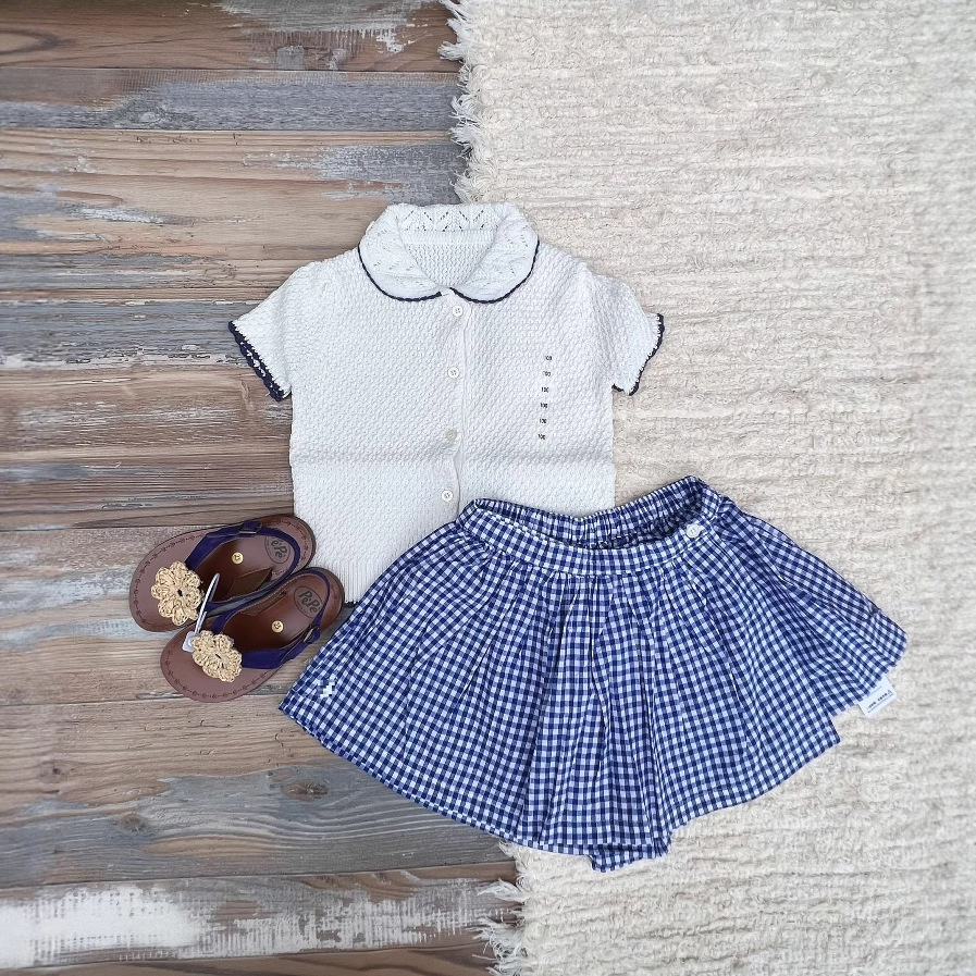 Raff High-Twist Cotton Cardigan Blue Plaid Skirt-Pants Children's Set