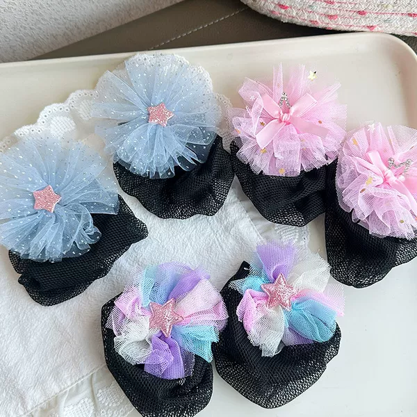 Children's Mesh Flower Hair Tie for Girls, Korean Princess Style Hair Accessory, Cute and Gentle on Hair, Bun Hair Rope Hair Net