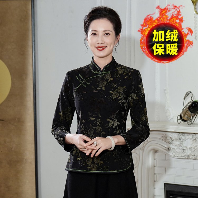 Wholesale New Chinese Style Tang Suit with Velvet and Thickened Tops, Chinese Style Mother's Improved Cheongsam Stand Collar Hanfu Shirt