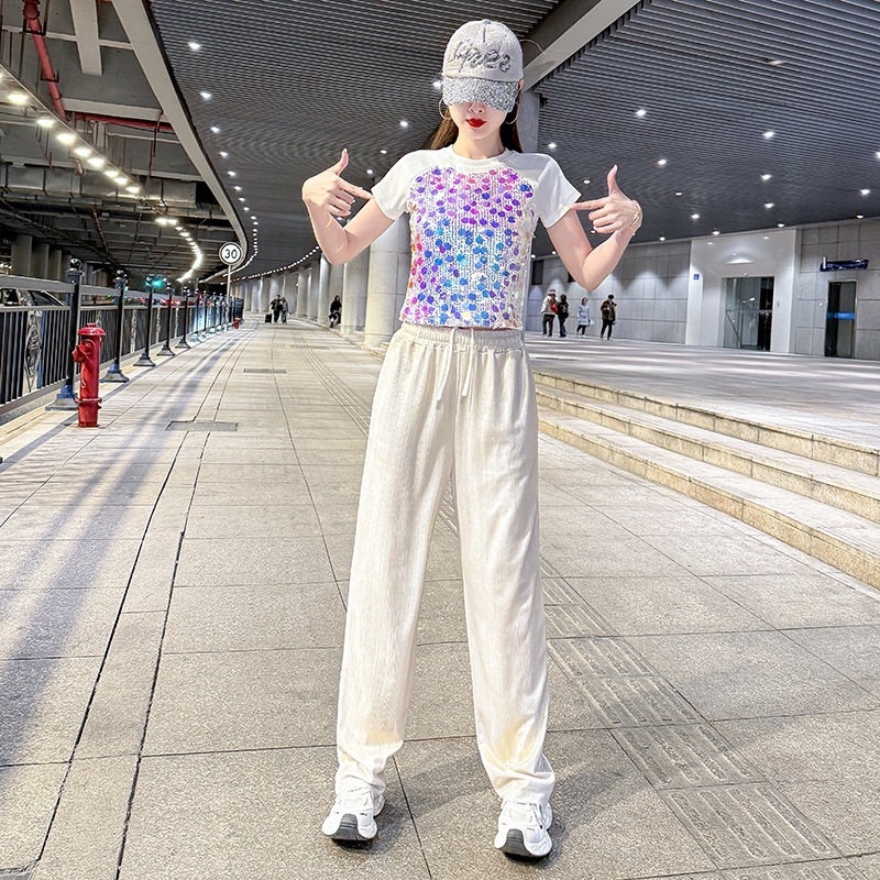 Summer New Square Dance Performance Clothing Sequined Short-Sleeved Streamer Pants Suit Jazz Dance Casual Sports Two-Piece Set