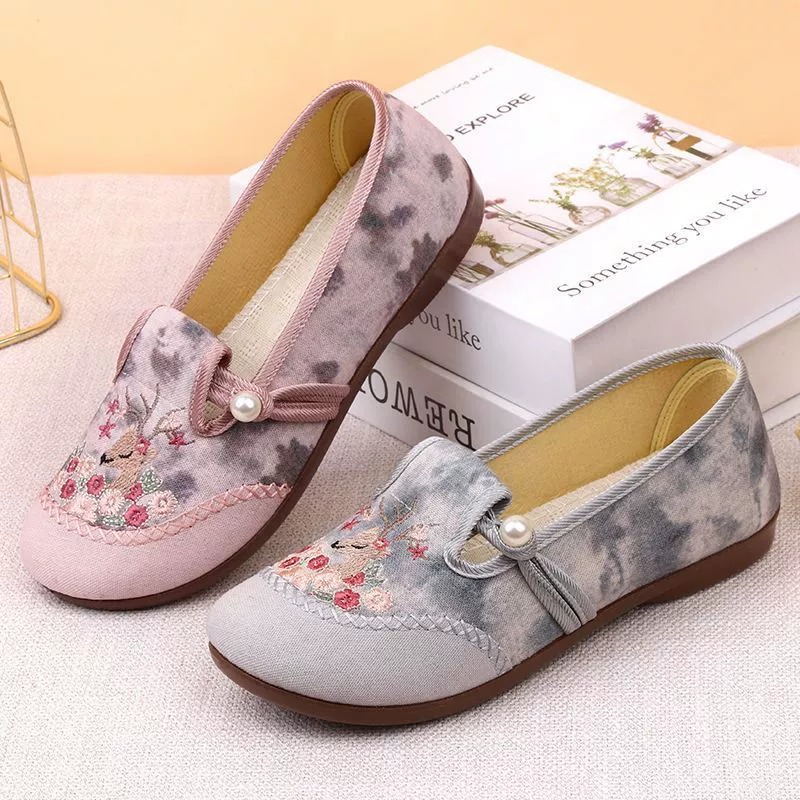 Старая пекинская тканевая обувь в этническом стиле, льняная обувь для мам без шнуровки в китайском стиле с неглубоким носком, туфли с мягкой подошвой и вышивкой, вышивка