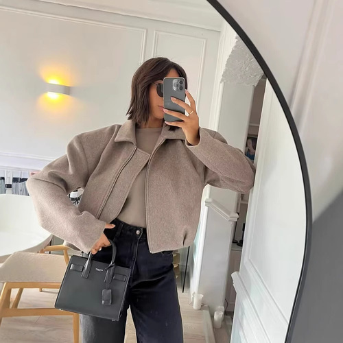 European and American Women's Spring Streetwear Fashion Lapel Zip-Up Wool Coat