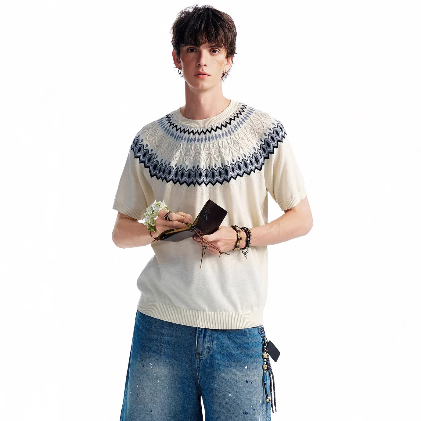 Isla de Fair camiseta de punto de manga corta camiseta de cuello redondo jacquard hombre viejo estilo casual hielo de verano fábrica transfronteriza mayorista