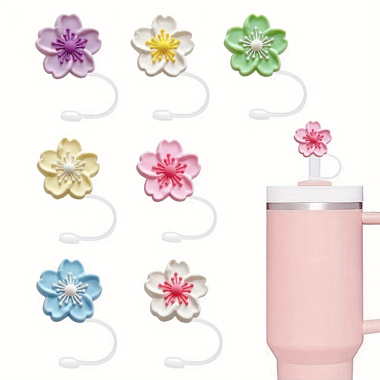 New Plant Cartoon Straw Cover Cherry Blossom Straw Cap Dust Plug Cute Flower Party Straw Decoration Cross-border Product