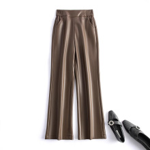 2024皮裤女PU皮长裤中腰女士喇叭裤大码松紧腰皮休闲裤显腿长