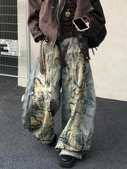 アメリカのレトロな大きいサイズの水洗いの乱れた針の刺繍の曲がった刀のジーパンの女性の街頭のゆったりしている足のペンダント感の長いズボンの潮