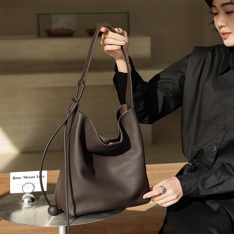 Luxury Hobo Bucket Bag For Women - Top Grain Cowhide Leather Tote, Large Capacity Shoulder Bag For Commuting - Thumbnail 6