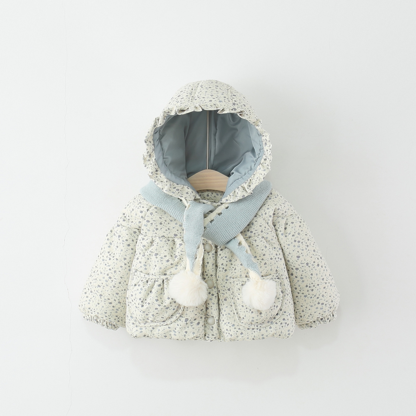 2025年冬季新款小碎花俩口袋绗棉小棉衣 女童加绒加厚棉服送围巾