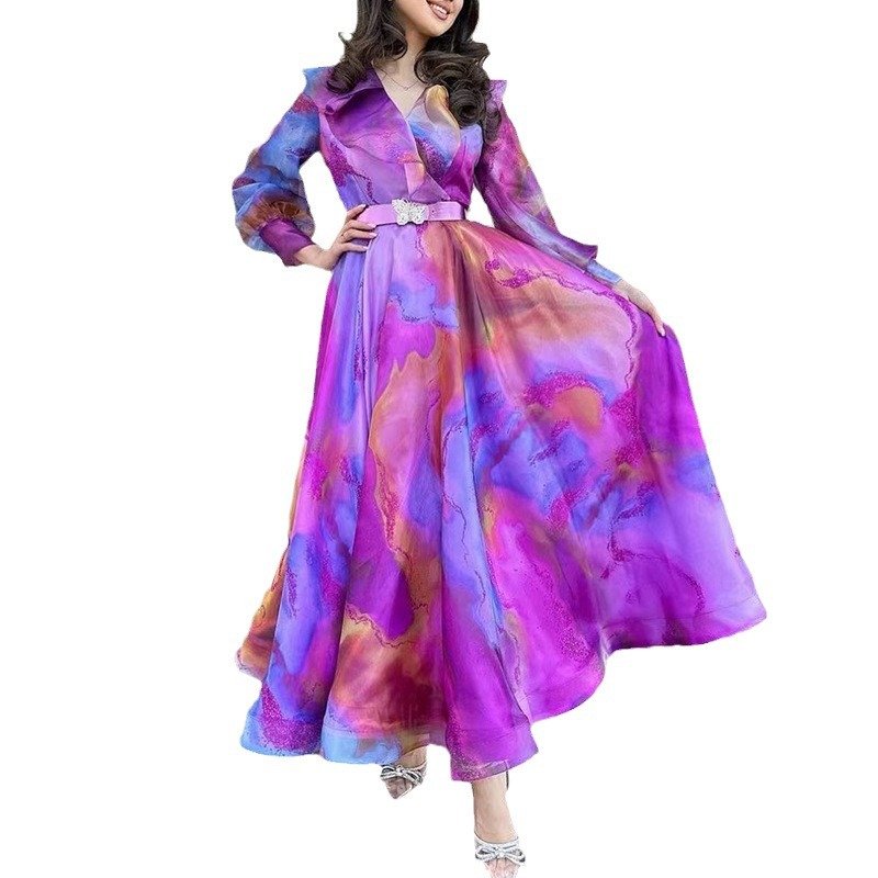 2025 primavera y verano nuevo estilo de comercio exterior europeo y americano estampado vestido de malla de gran swing viaje vestido de mujer de talla grande europeo y americano