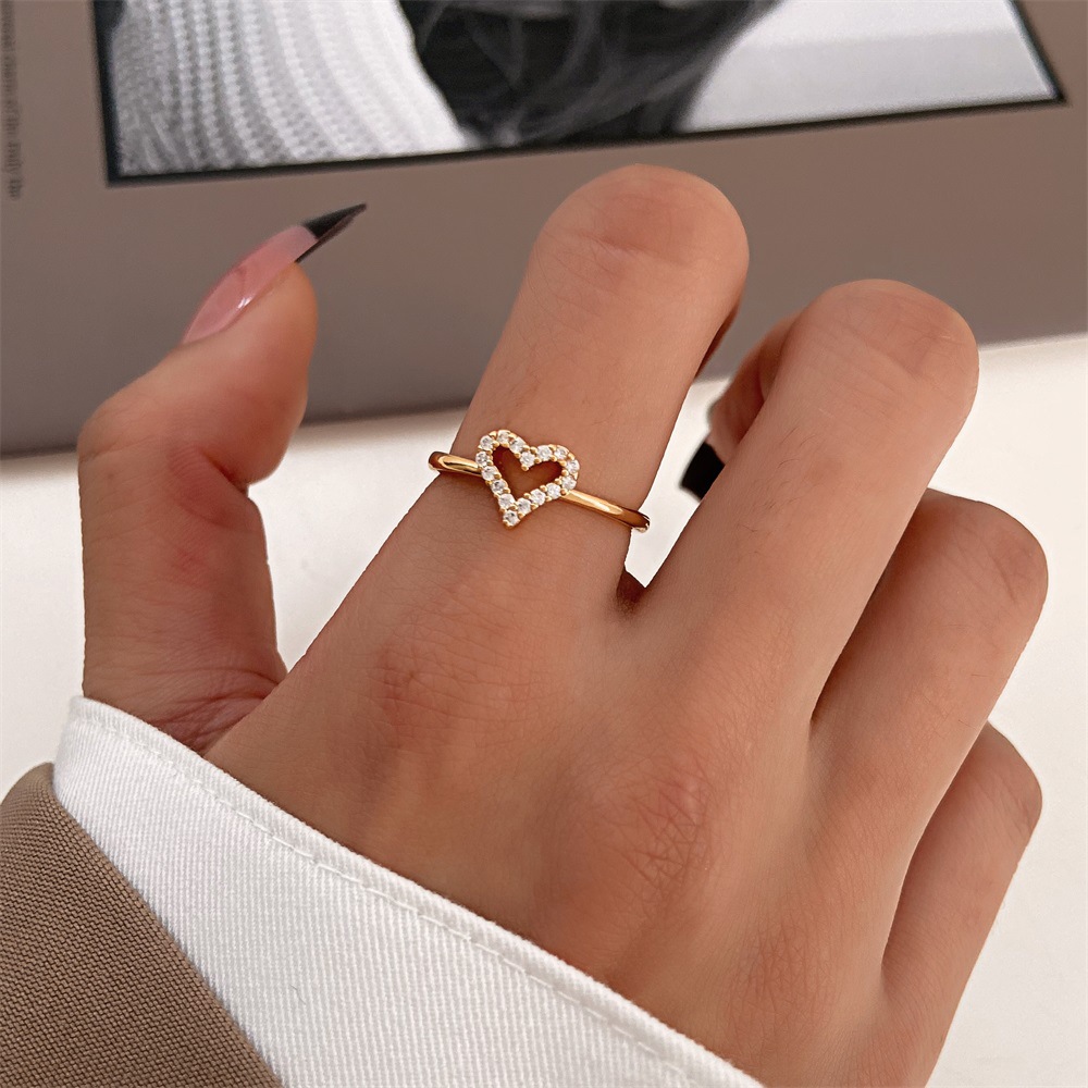 Fashion Heart Shape Copper Inlay Rhinestones Open Ring