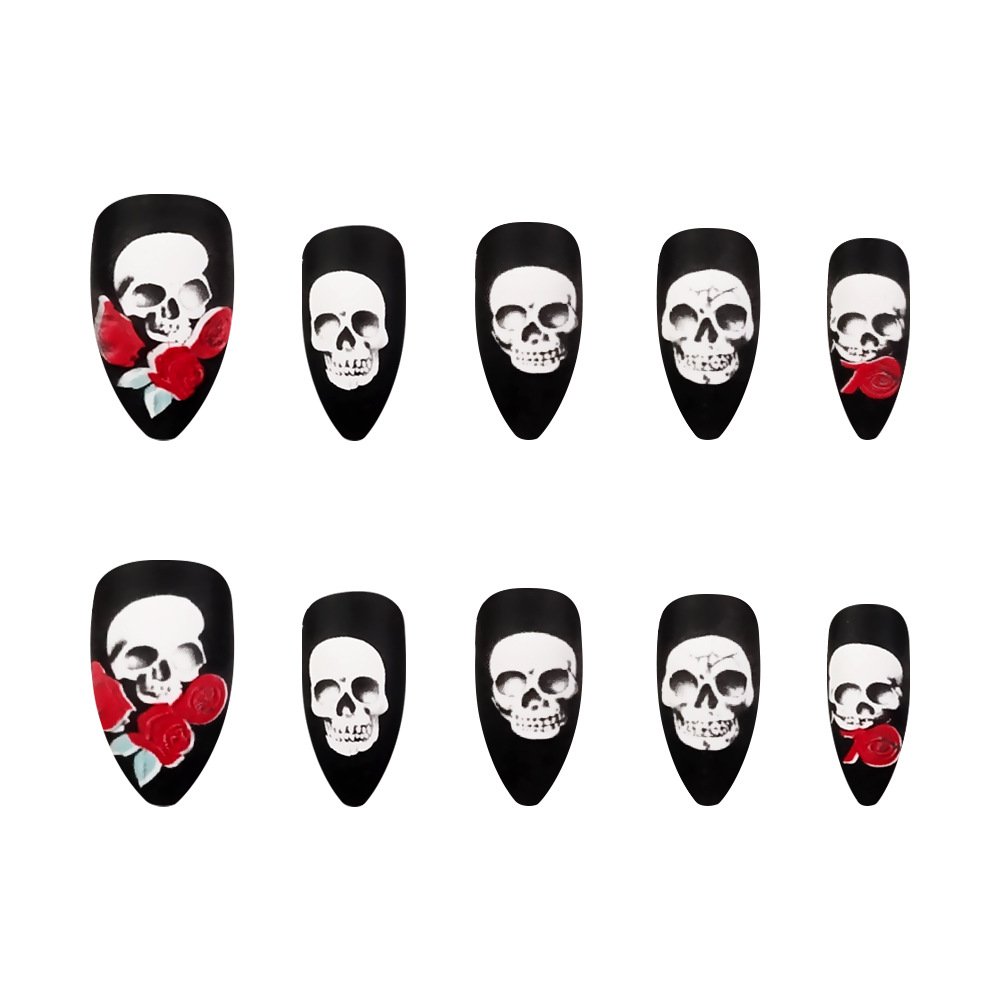 Manicure pieza de uñas usable Halloween esculpe negro brillo oscuro viento negro almendras uñas rosas usadas uñas falsas image 5