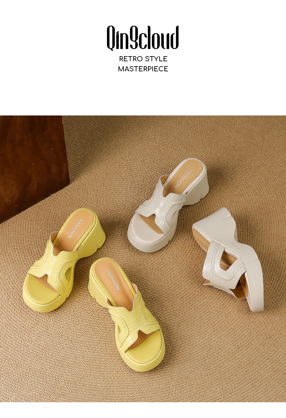 Dép sandal nữ quai chữ V đế xuồng cao 8 cm, mũi hở, đế dày êm chân — Trắng kem-, màu vàng chi tiết 14