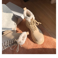 葡萄媽冬季馬丁靴女英倫風系帶圓頭加絨短筒靴子厚底毛毛雪地靴