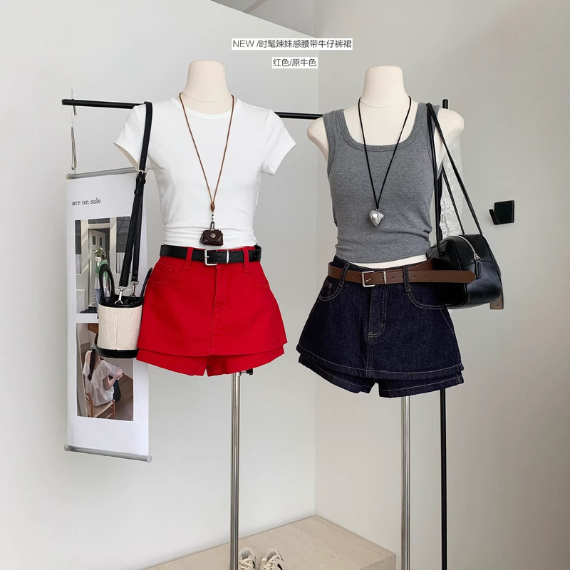 Hot Girl Style! Cotton Denim Shorts with Belt, A-Line Skirt Pants, 2026 Summer New Retro Wide-Leg Shorts